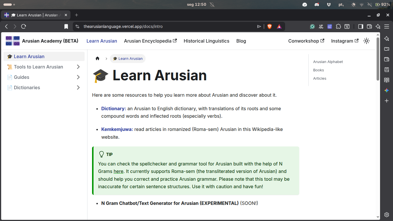 Interface do Arusian Academy