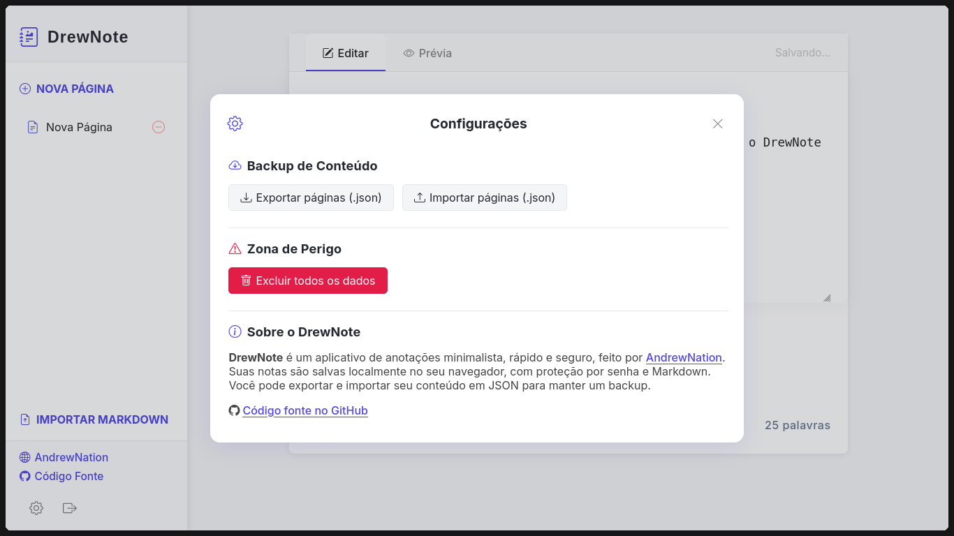 Tela de configurações